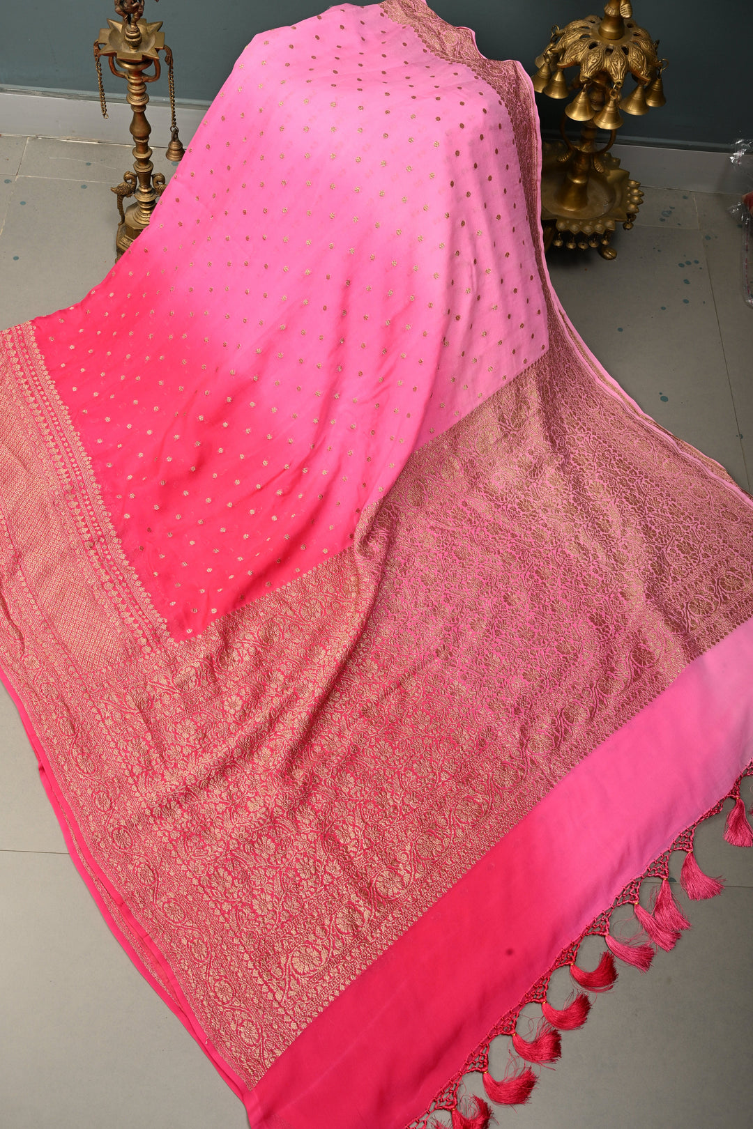 Ombre Banarasi Georgette Saree in Shades of Pink with Zari Buttas and Antique Zari Border | SILK MARK CERTIFIED | SHOBITAM