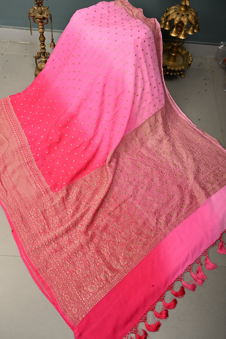 Ombre Banarasi Georgette Saree in Shades of Pink with Zari Buttas and Antique Zari Border | SILK MARK CERTIFIED | SHOBITAM