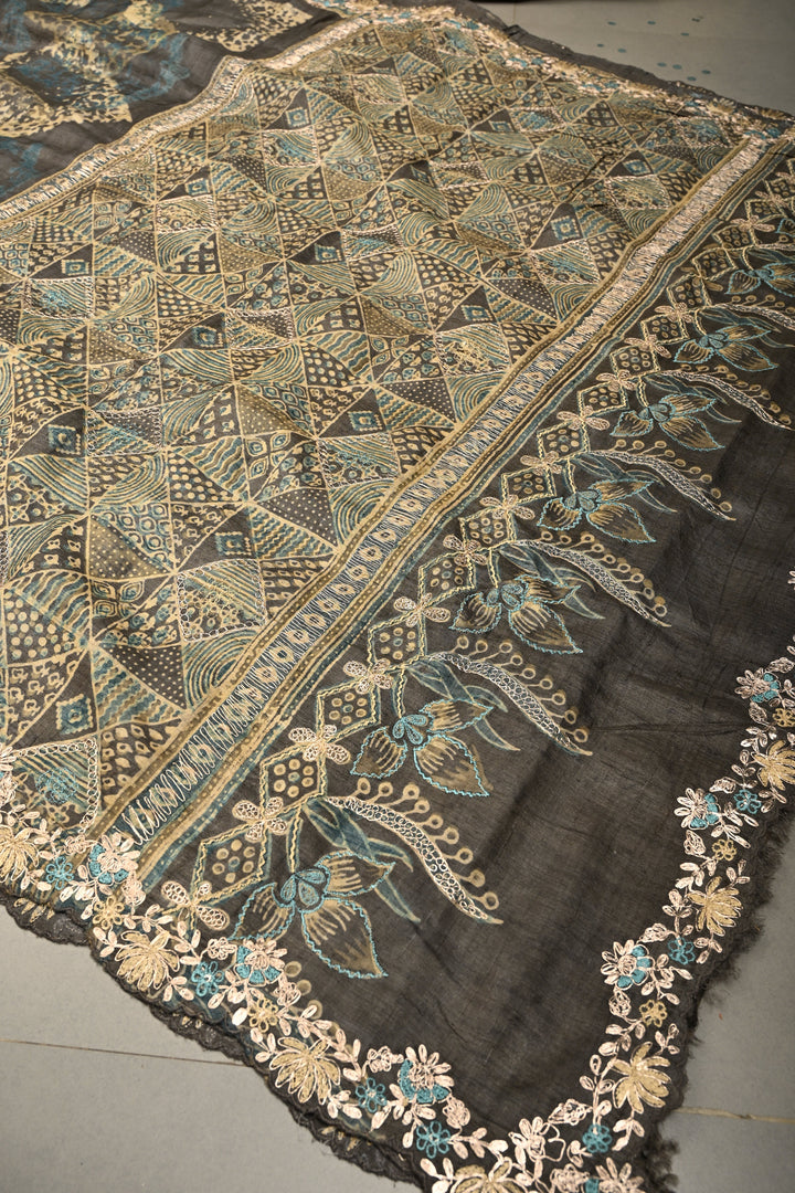 Seattle Gray Pure Tussar Silk Saree with Ajrakh Handblock Print and Pitta work Embroidery Scallop Border | SILK MARK CERTIFIED | SHOBITAM