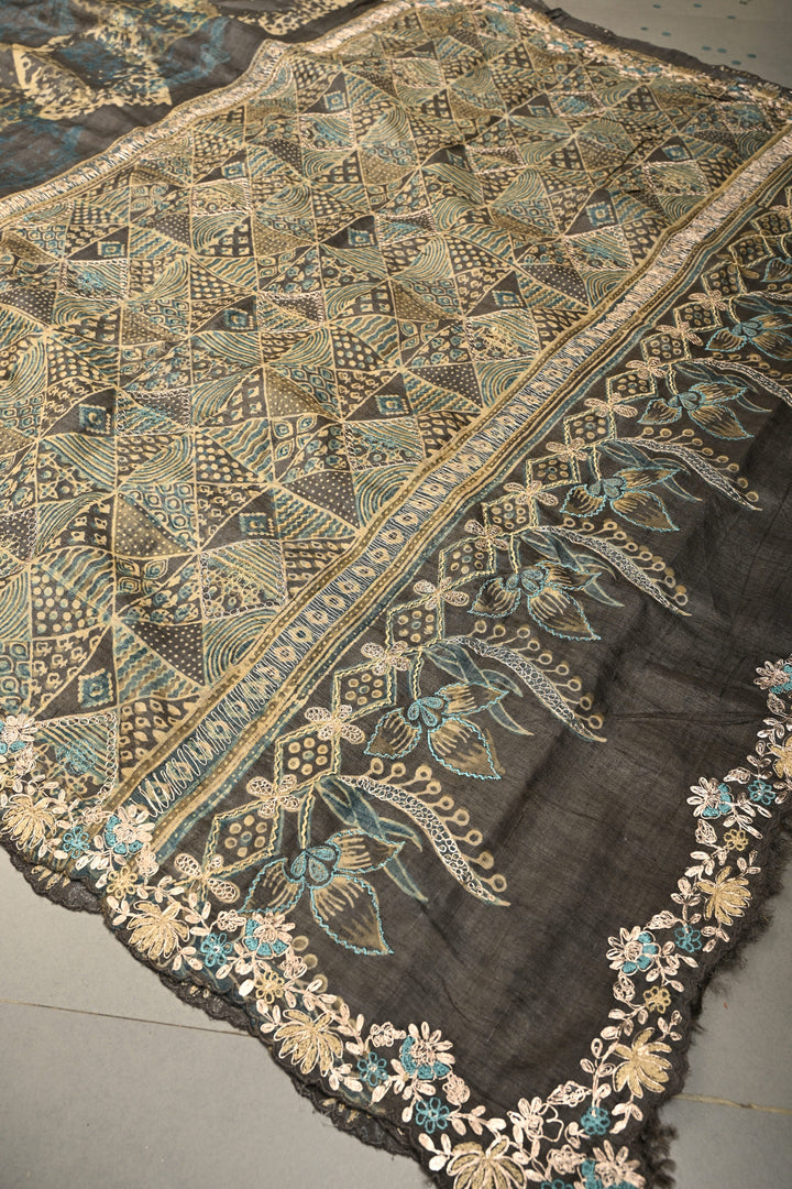 Seattle Gray Pure Tussar Silk Saree with Ajrakh Handblock Print and Pitta work Embroidery Scallop Border | SILK MARK CERTIFIED | SHOBITAM