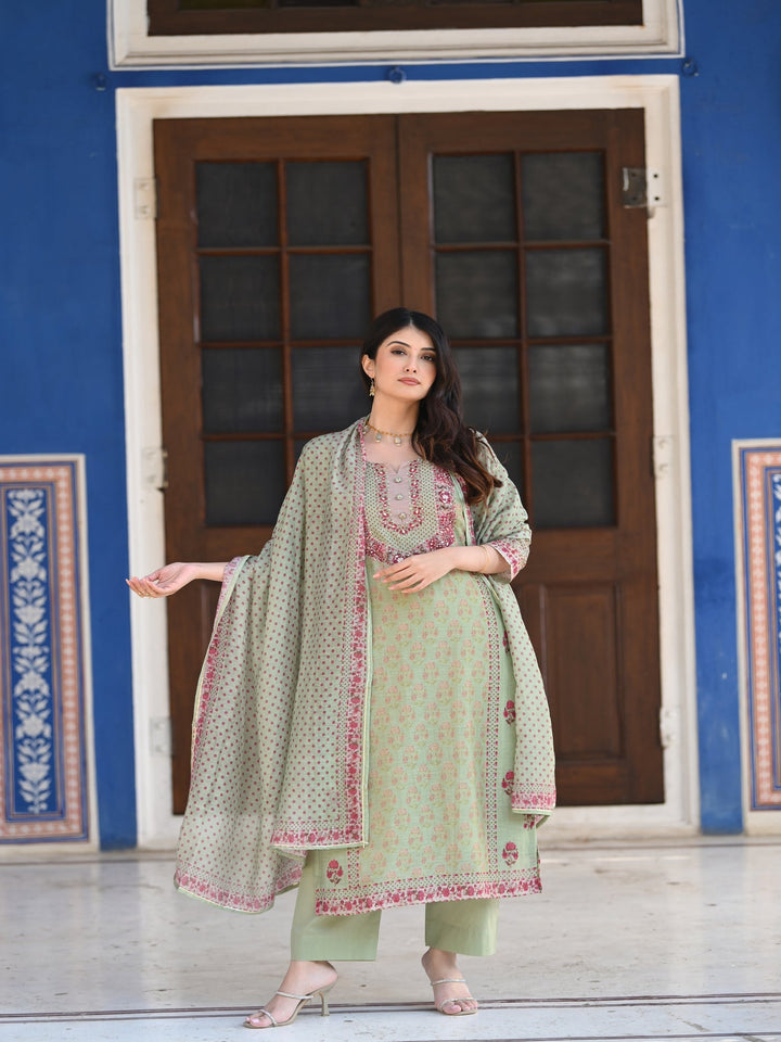 Green Ikhtiyar Block Print Chanderi Suit Set - SET OF-3 | SHOBITAM