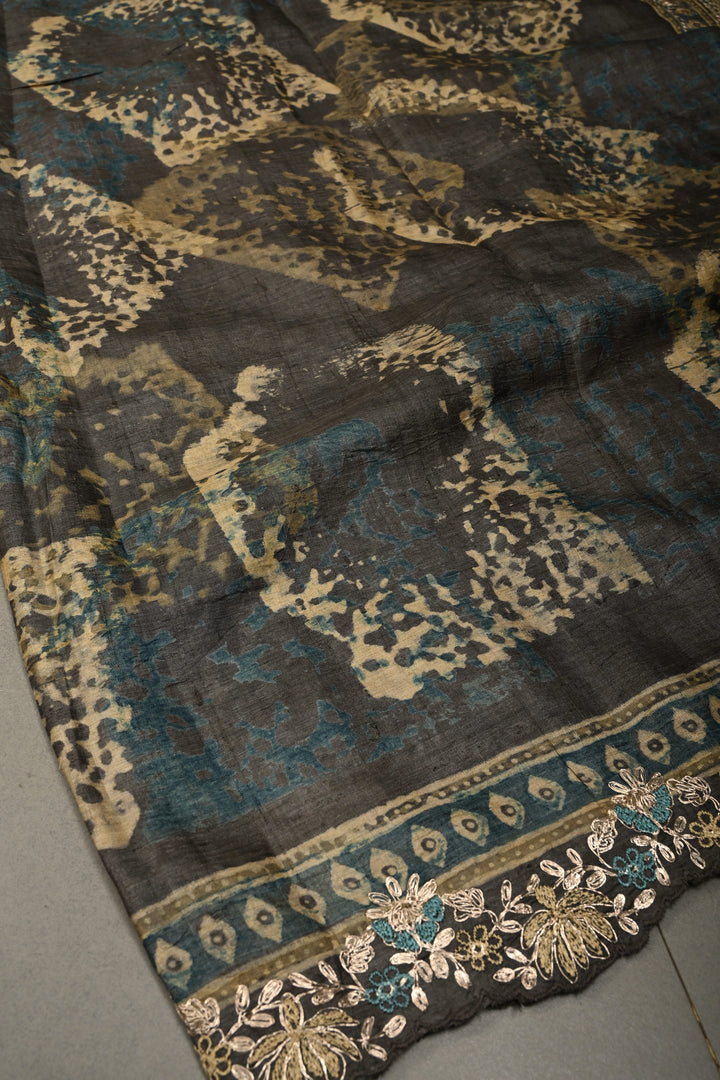 Seattle Gray Pure Tussar Silk Saree with Ajrakh Handblock Print and Pitta work Embroidery Scallop Border | SILK MARK CERTIFIED | SHOBITAM