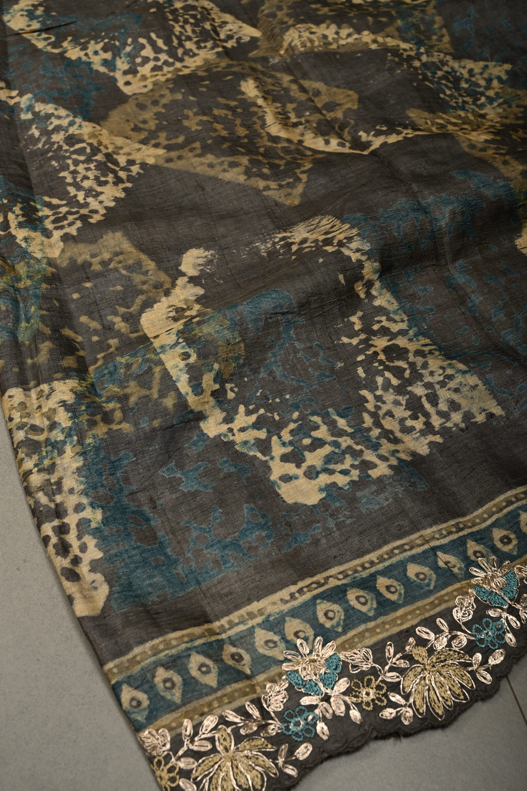 Seattle Gray Pure Tussar Silk Saree with Ajrakh Handblock Print and Pitta work Embroidery Scallop Border | SILK MARK CERTIFIED | SHOBITAM