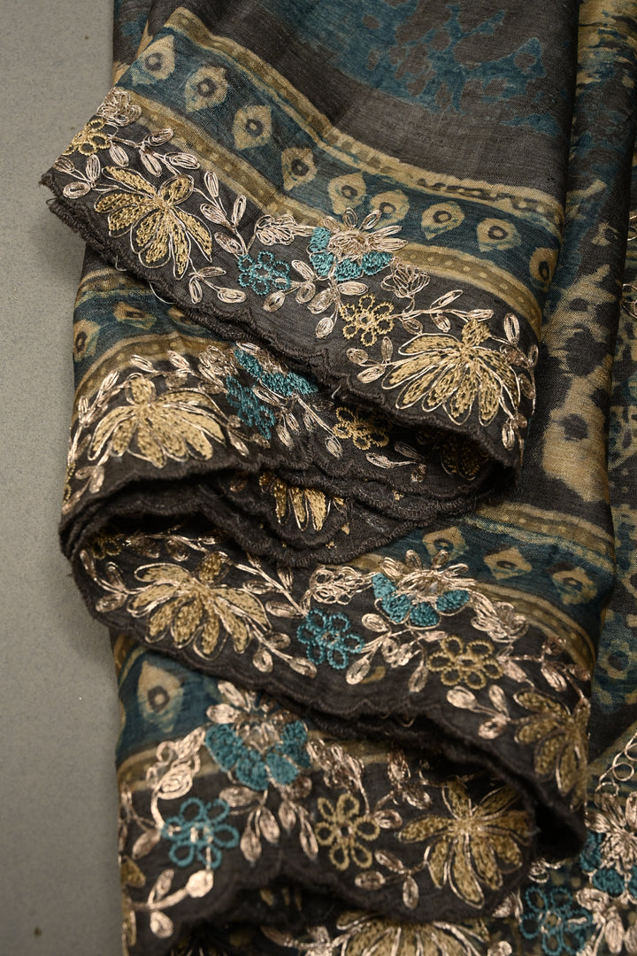 Seattle Gray Pure Tussar Silk Saree with Ajrakh Handblock Print and Pitta work Embroidery Scallop Border | SILK MARK CERTIFIED | SHOBITAM