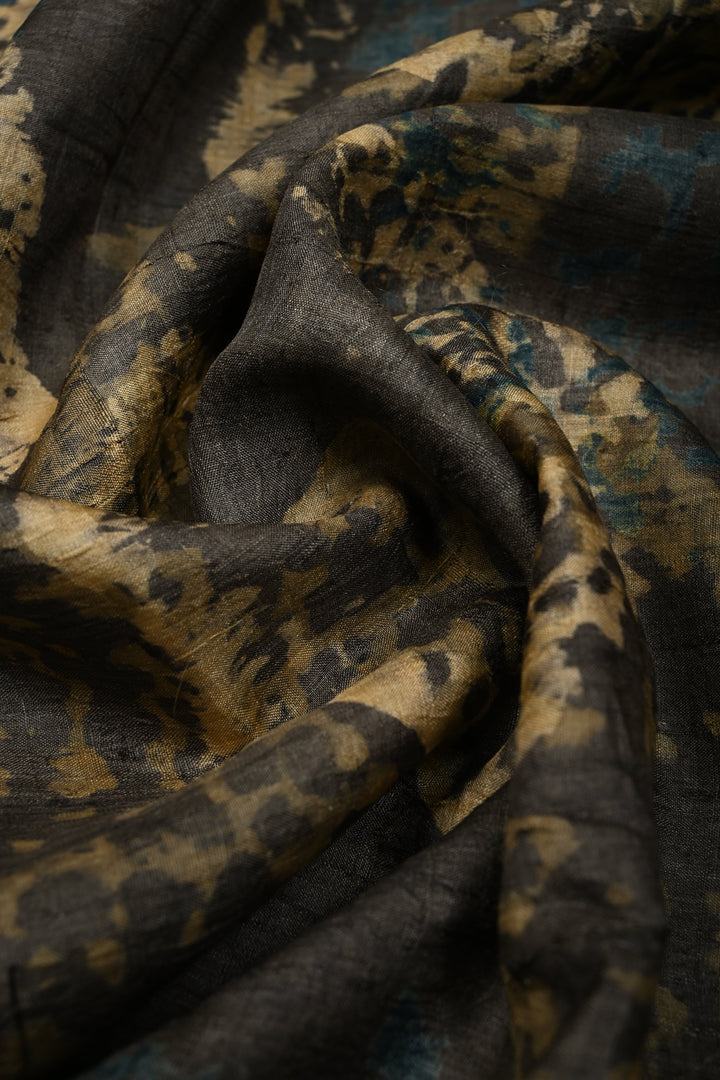 Seattle Gray Pure Tussar Silk Saree with Ajrakh Handblock Print and Pitta work Embroidery Scallop Border | SILK MARK CERTIFIED | SHOBITAM