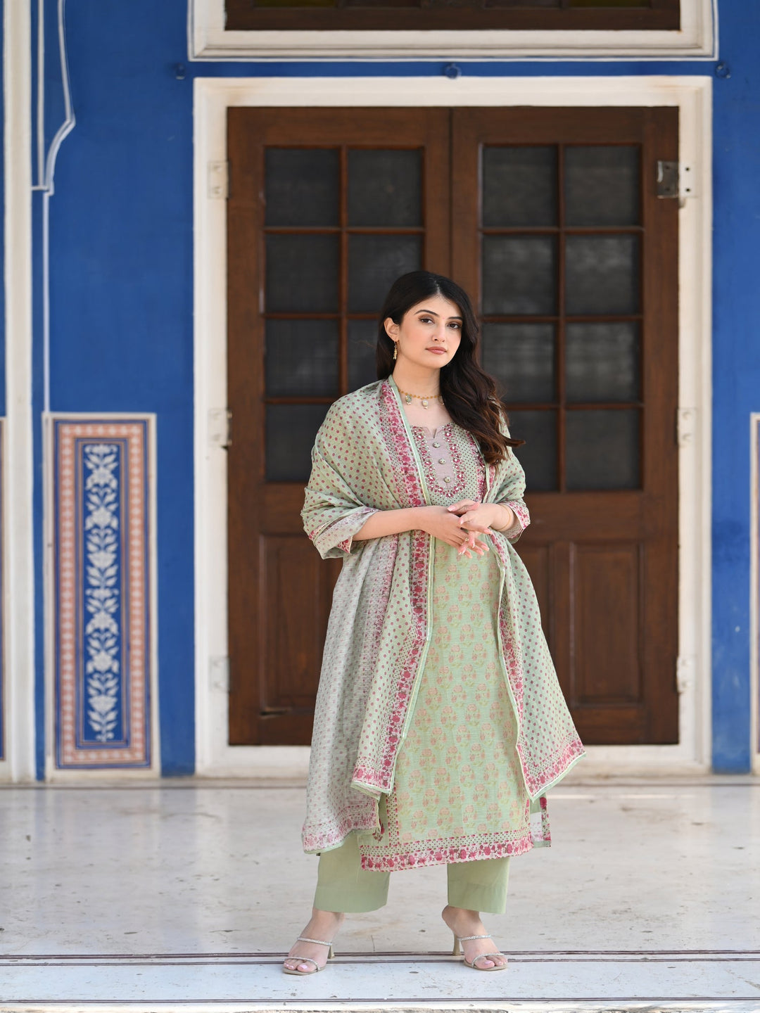 Green Ikhtiyar Block Print Chanderi Suit Set - SET OF-3 | SHOBITAM
