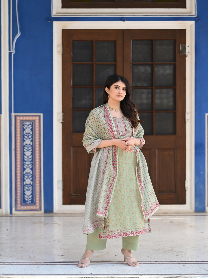 Green Ikhtiyar Block Print Chanderi Suit Set - SET OF-3 | SHOBITAM