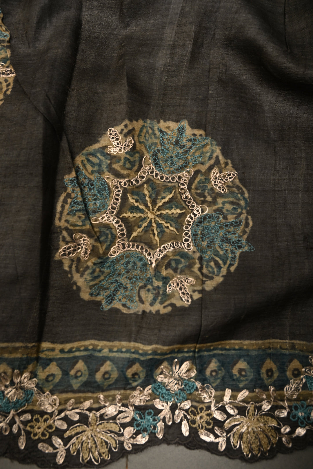 Seattle Gray Pure Tussar Silk Saree with Ajrakh Handblock Print and Pitta work Embroidery Scallop Border | SILK MARK CERTIFIED | SHOBITAM