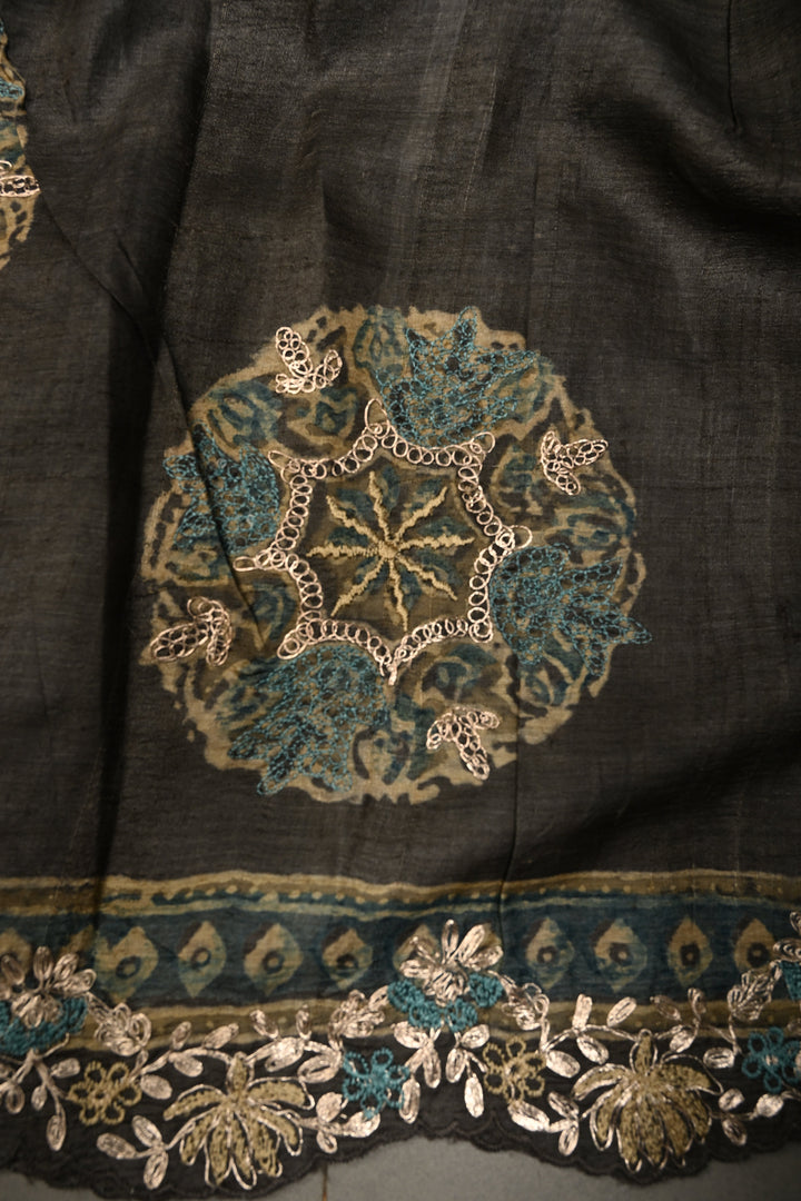 Seattle Gray Pure Tussar Silk Saree with Ajrakh Handblock Print and Pitta work Embroidery Scallop Border | SILK MARK CERTIFIED | SHOBITAM