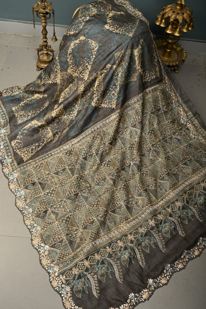 Seattle Gray Pure Tussar Silk Saree with Ajrakh Handblock Print and Pitta work Embroidery Scallop Border | SILK MARK CERTIFIED | SHOBITAM