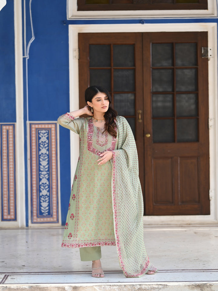 Green Ikhtiyar Block Print Chanderi Suit Set - SET OF-3 | SHOBITAM