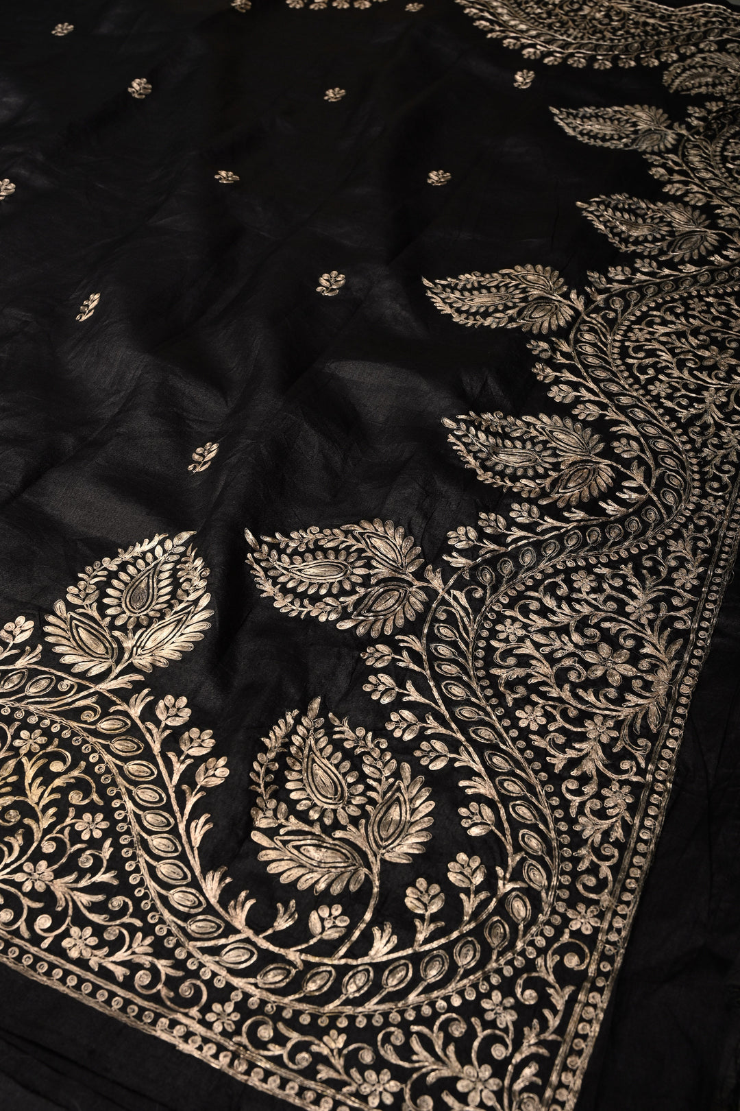 Black Pure Tussar Silk Saree with Pitta work Embroidery and Scallop Border | SILK MARK CERTIFIED | SHOBITAM