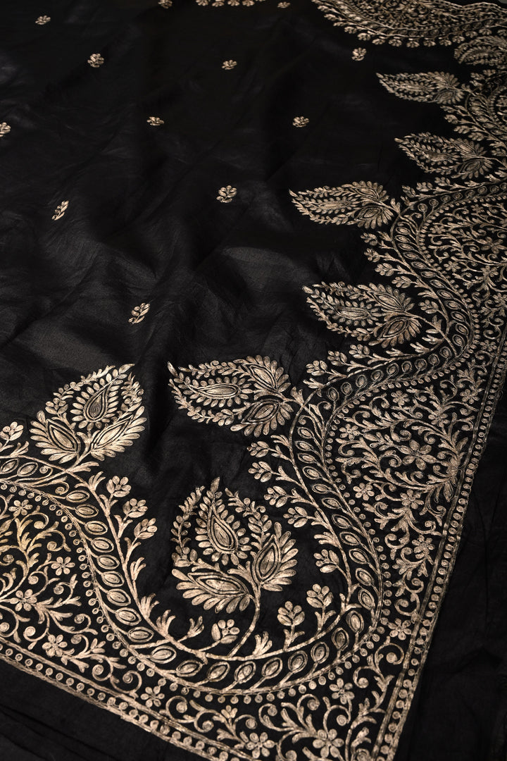 Black Pure Tussar Silk Saree with Pitta work Embroidery and Scallop Border | SILK MARK CERTIFIED | SHOBITAM