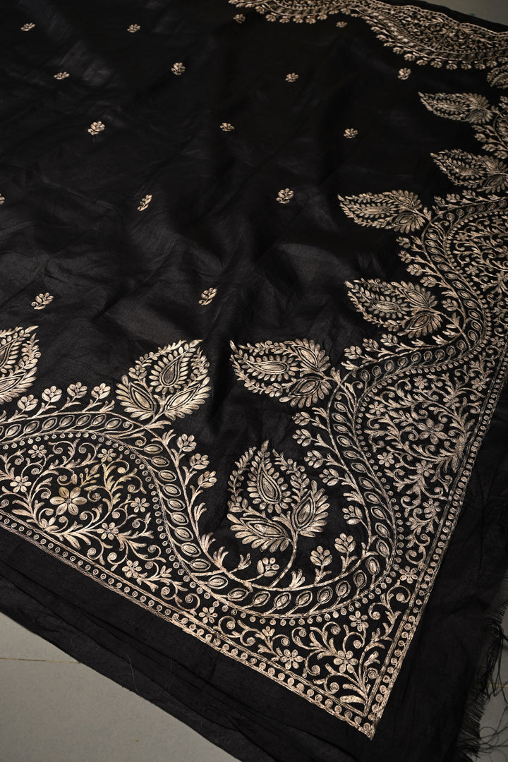Black Pure Tussar Silk Saree with Pitta work Embroidery and Scallop Border | SILK MARK CERTIFIED | SHOBITAM