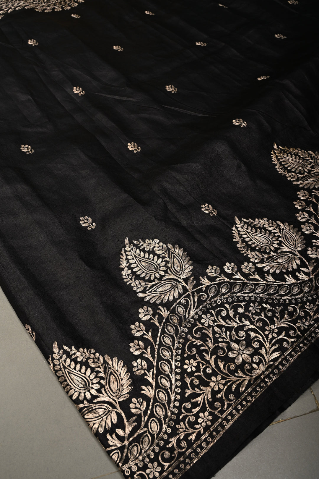 Black Pure Tussar Silk Saree with Pitta work Embroidery and Scallop Border | SILK MARK CERTIFIED | SHOBITAM
