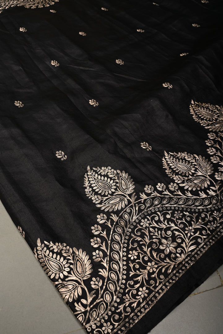 Black Pure Tussar Silk Saree with Pitta work Embroidery and Scallop Border | SILK MARK CERTIFIED | SHOBITAM