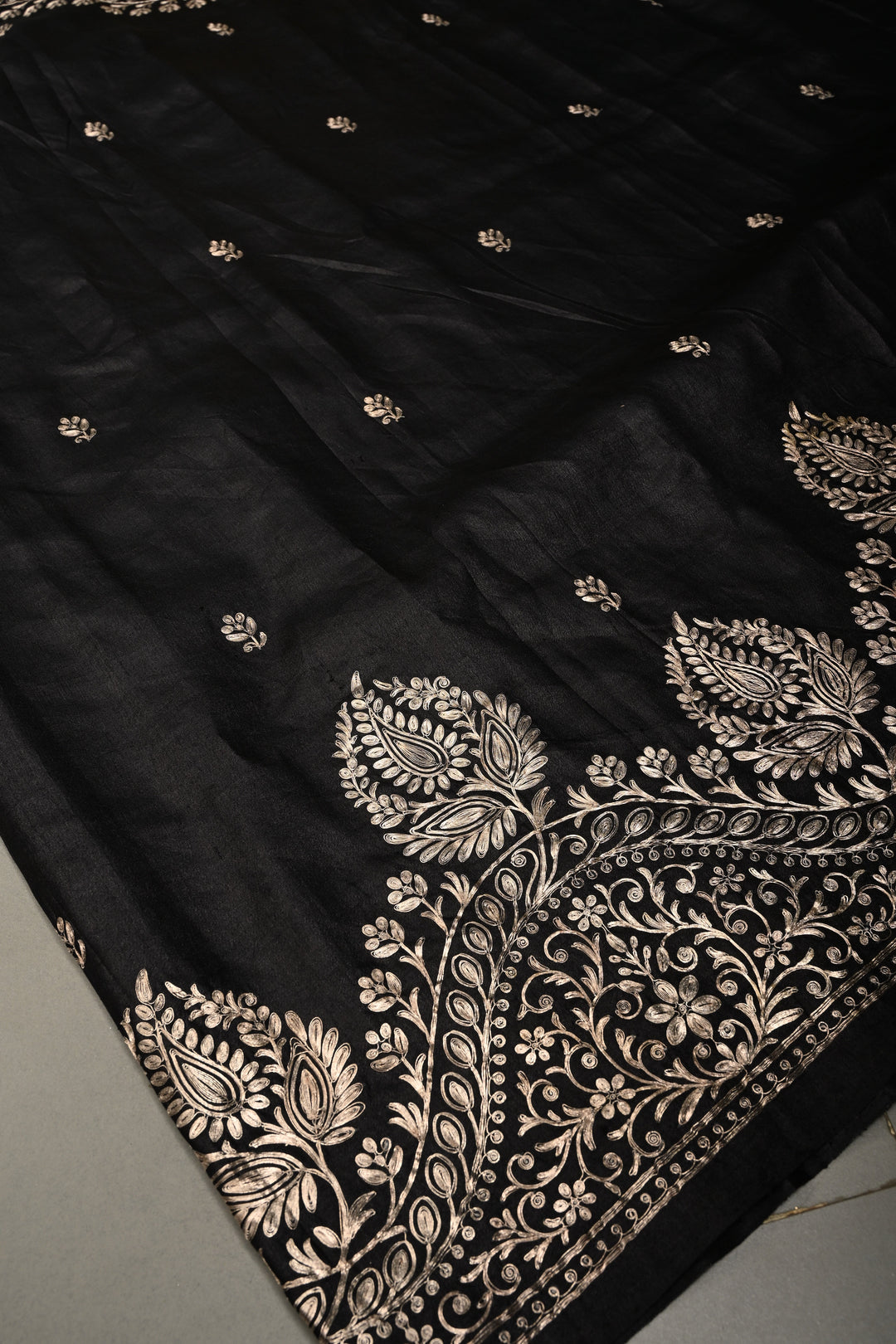 Black Pure Tussar Silk Saree with Pitta work Embroidery and Scallop Border | SILK MARK CERTIFIED | SHOBITAM
