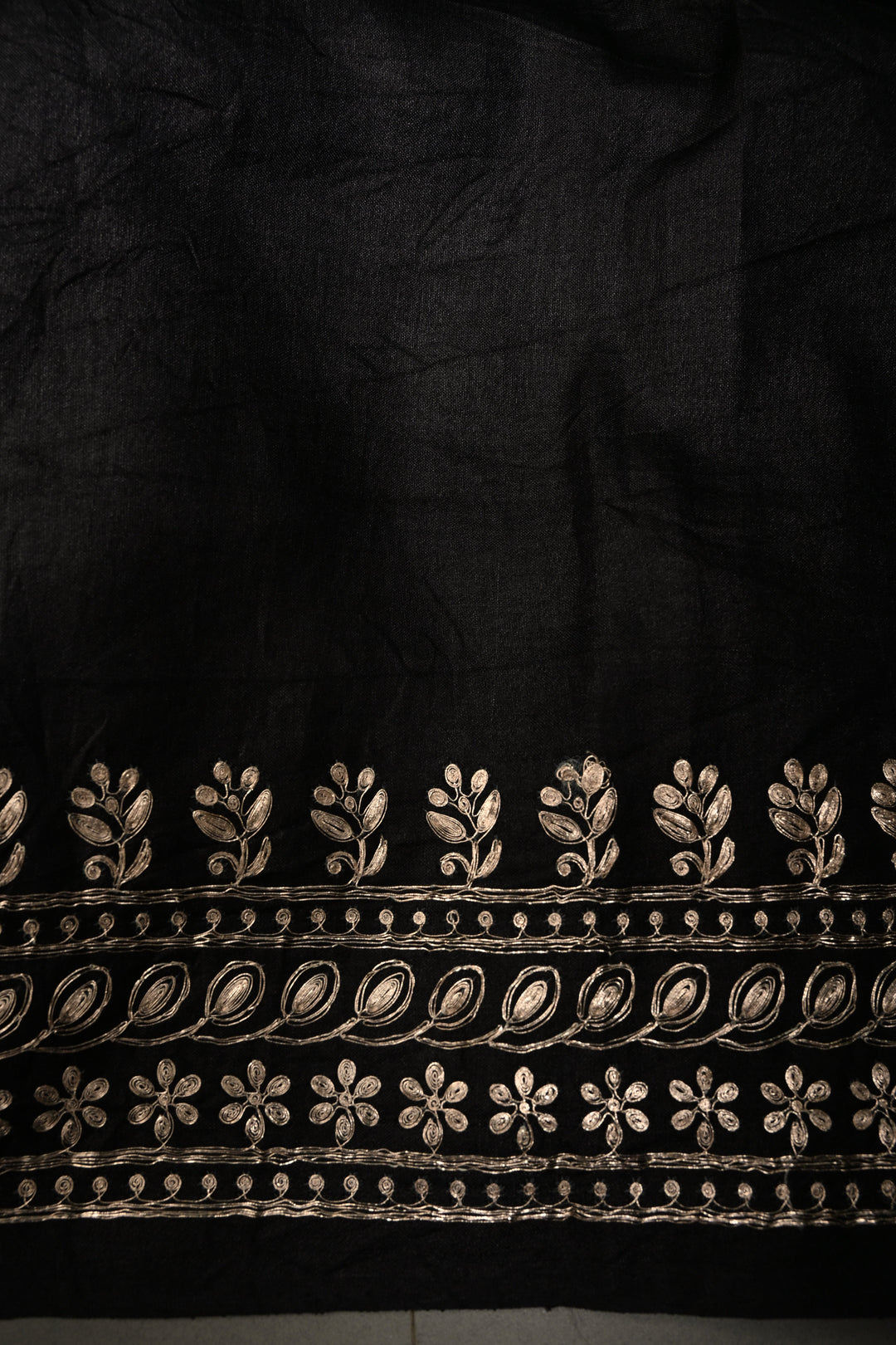 Black Pure Tussar Silk Saree with Pitta work Embroidery and Scallop Border | SILK MARK CERTIFIED | SHOBITAM