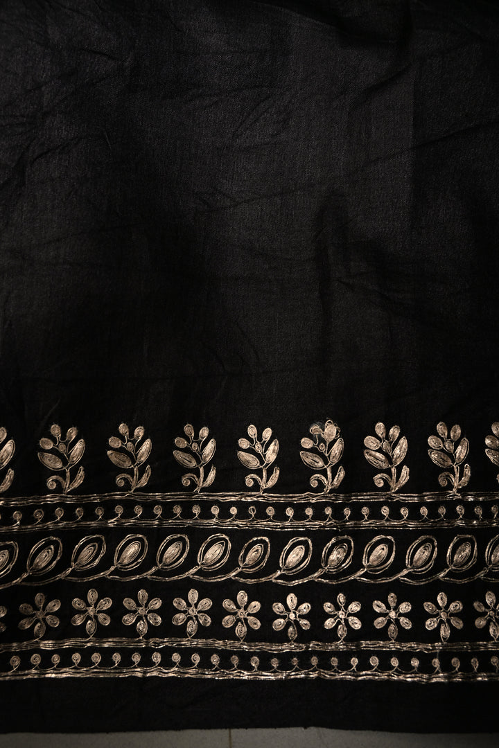 Black Pure Tussar Silk Saree with Pitta work Embroidery and Scallop Border | SILK MARK CERTIFIED | SHOBITAM