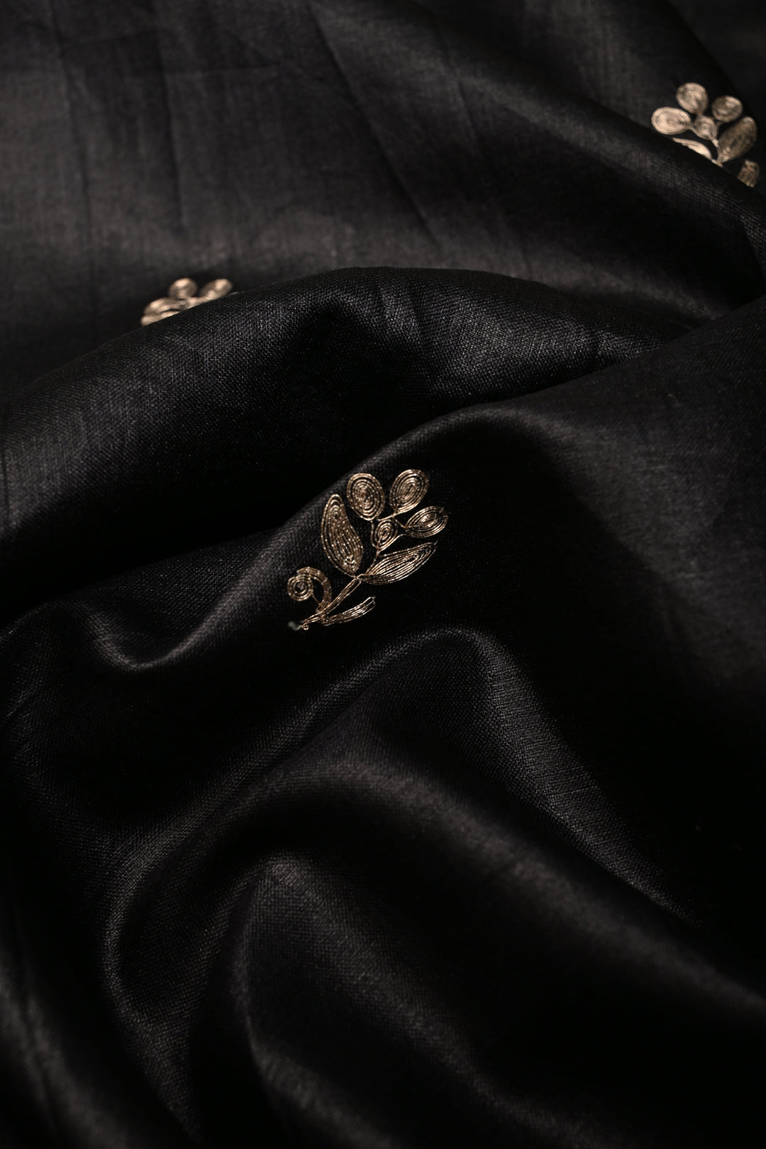 Black Pure Tussar Silk Saree with Pitta work Embroidery and Scallop Border | SILK MARK CERTIFIED | SHOBITAM