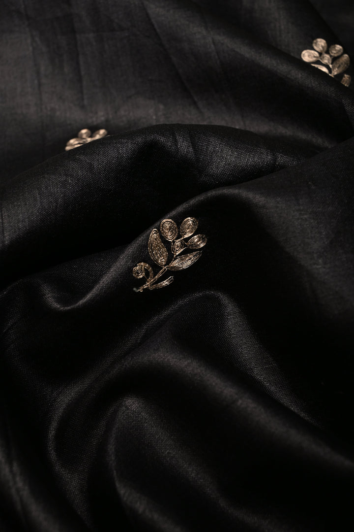Black Pure Tussar Silk Saree with Pitta work Embroidery and Scallop Border | SILK MARK CERTIFIED | SHOBITAM