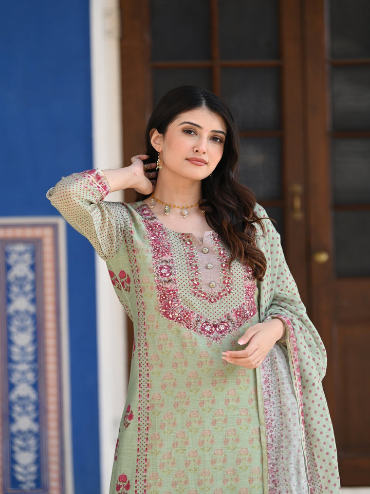 Green Ikhtiyar Block Print Chanderi Suit Set - SET OF-3 | SHOBITAM