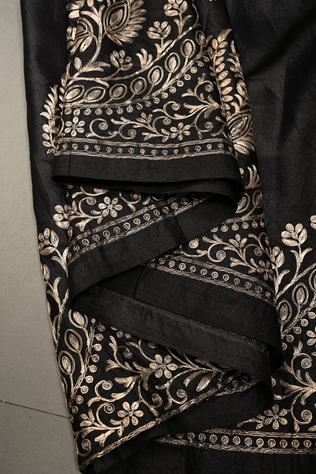 Black Pure Tussar Silk Saree with Pitta work Embroidery and Scallop Border | SILK MARK CERTIFIED | SHOBITAM