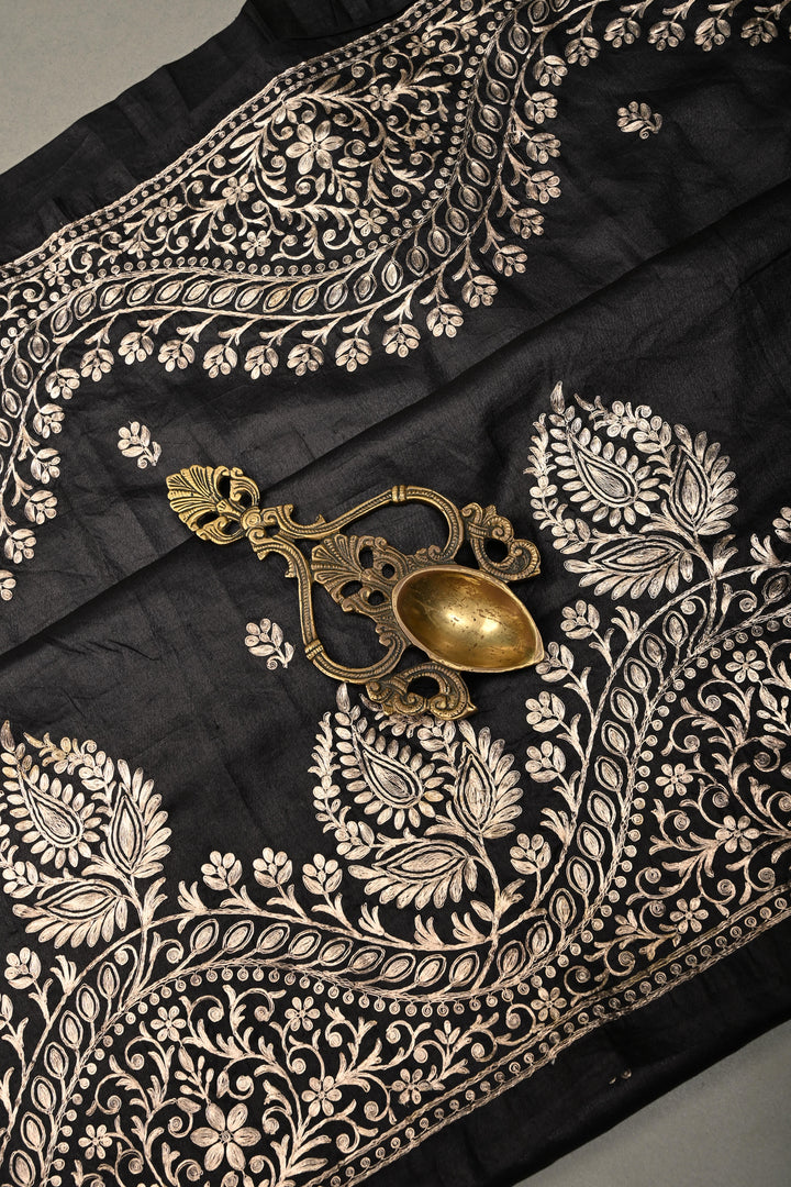 Black Pure Tussar Silk Saree with Pitta work Embroidery and Scallop Border | SILK MARK CERTIFIED | SHOBITAM