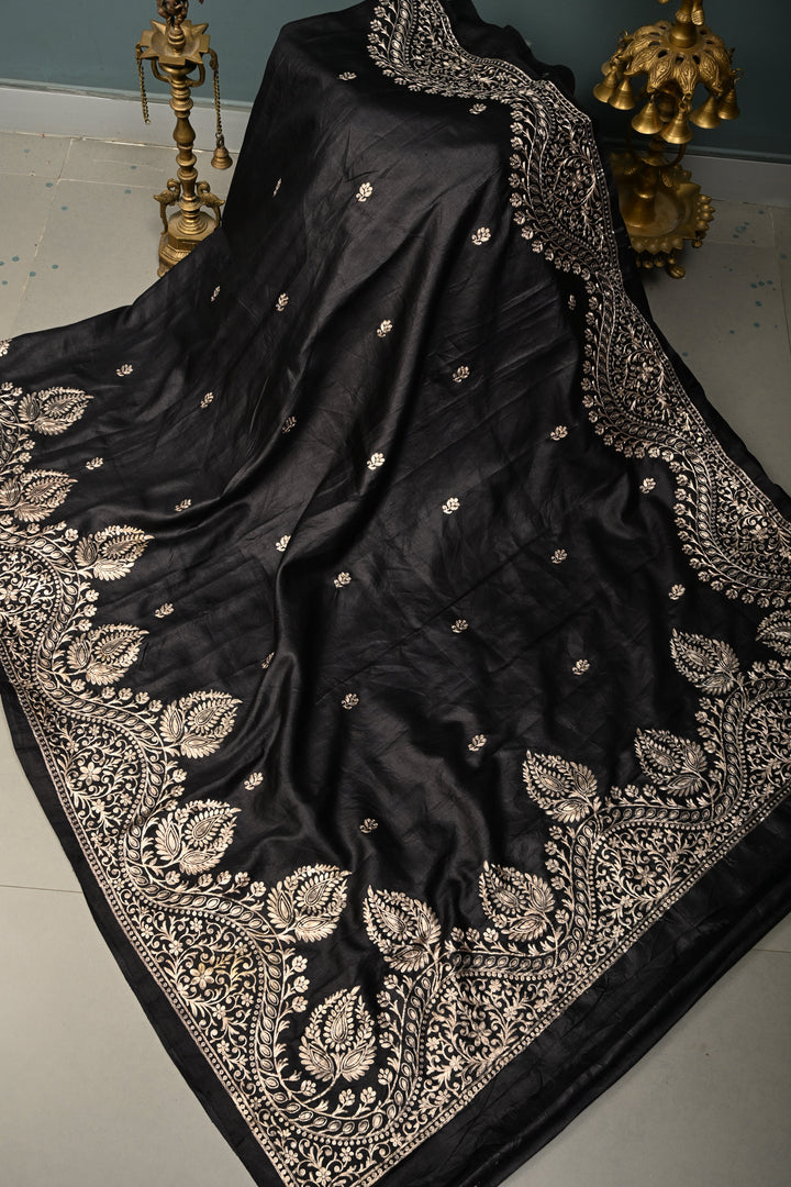 Black Pure Tussar Silk Saree with Pitta work Embroidery and Scallop Border | SILK MARK CERTIFIED | SHOBITAM
