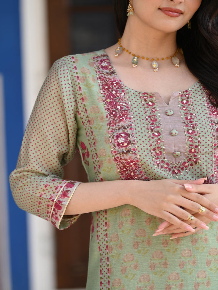 Green Ikhtiyar Block Print Chanderi Suit Set - SET OF-3 | SHOBITAM