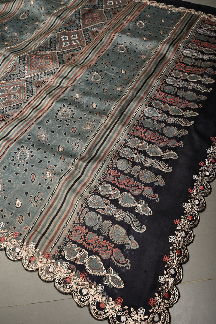Dusty Blue Ajrakh Handblock Print on Pure Tussar Silk Saree with Pitta work Embroidery and Scallop Border | SILK MARK CERTIFIED | SHOBITAM