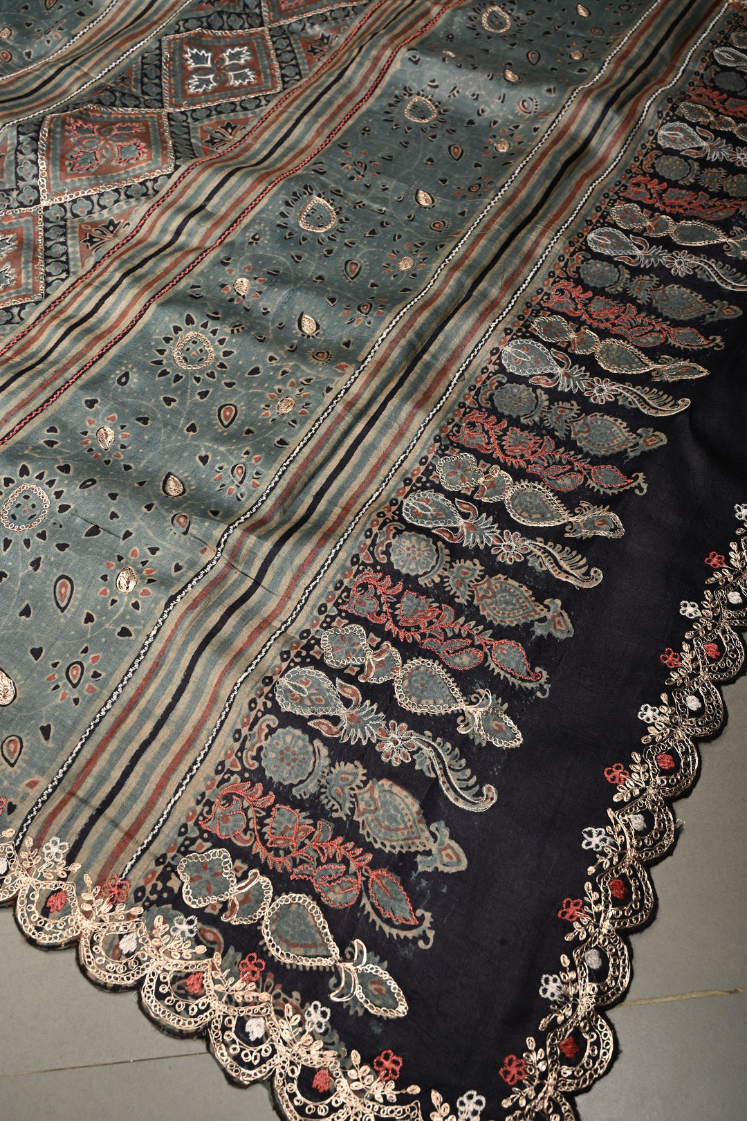 Dusty Blue Ajrakh Handblock Print on Pure Tussar Silk Saree with Pitta work Embroidery and Scallop Border | SILK MARK CERTIFIED | SHOBITAM