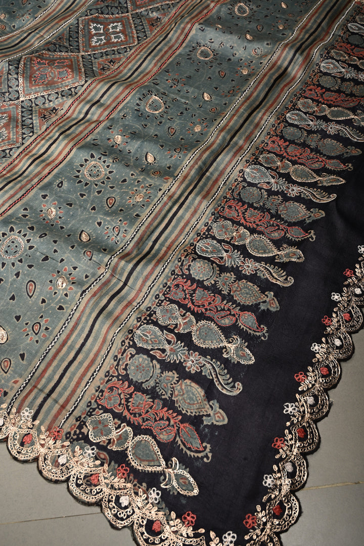 Dusty Blue Ajrakh Handblock Print on Pure Tussar Silk Saree with Pitta work Embroidery and Scallop Border | SILK MARK CERTIFIED | SHOBITAM