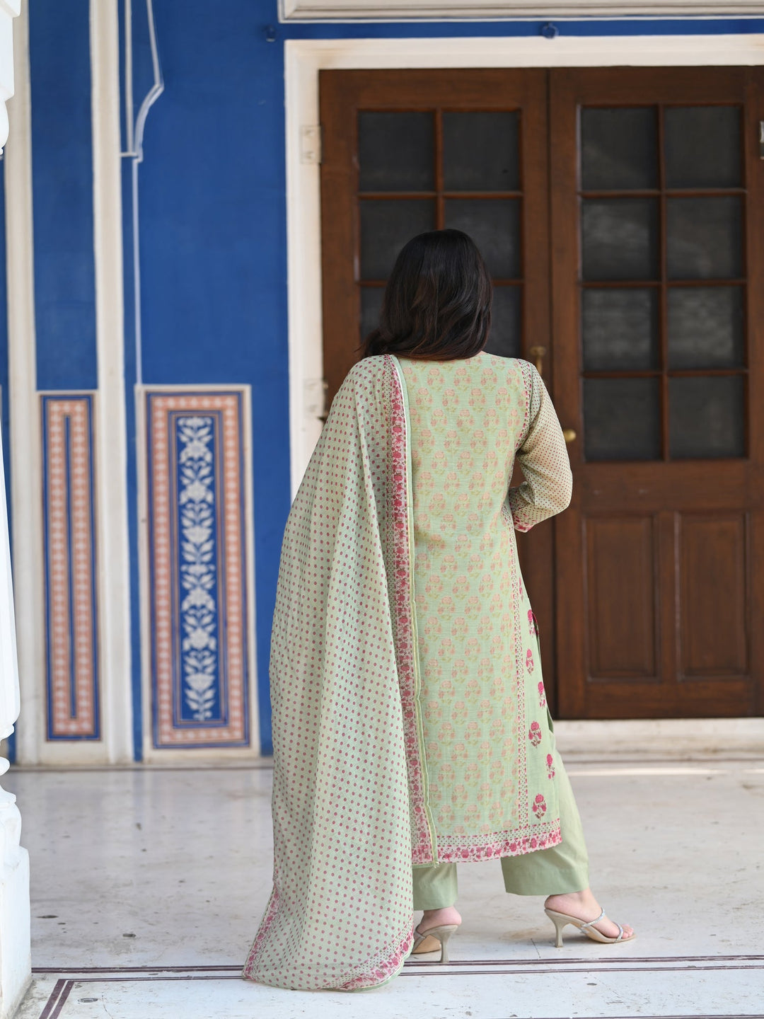 Green Ikhtiyar Block Print Chanderi Suit Set - SET OF-3 | SHOBITAM