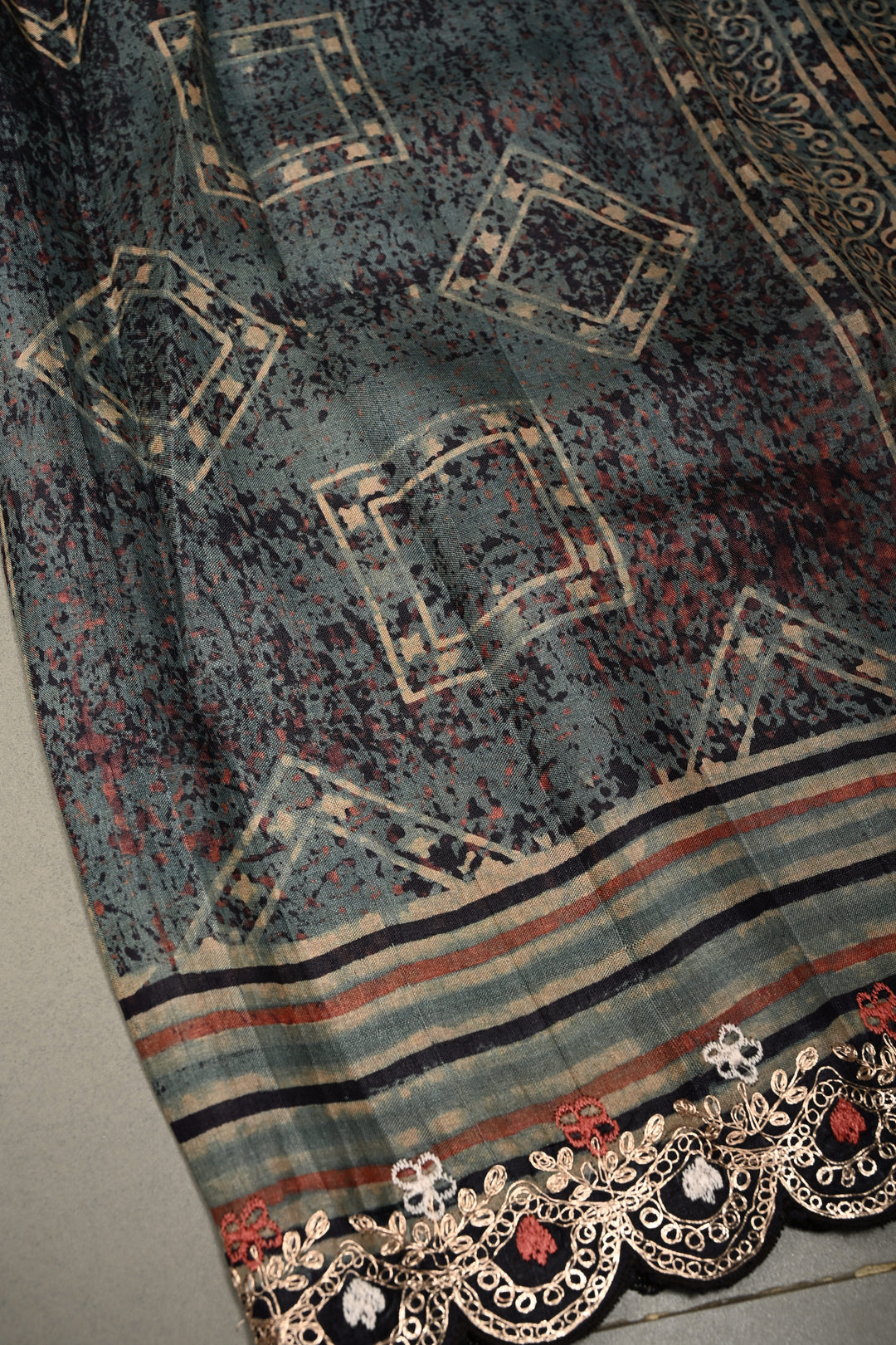 Dusty Blue Ajrakh Handblock Print on Pure Tussar Silk Saree with Pitta work Embroidery and Scallop Border | SILK MARK CERTIFIED | SHOBITAM