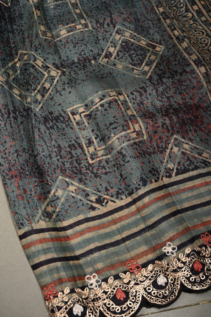 Dusty Blue Ajrakh Handblock Print on Pure Tussar Silk Saree with Pitta work Embroidery and Scallop Border | SILK MARK CERTIFIED | SHOBITAM