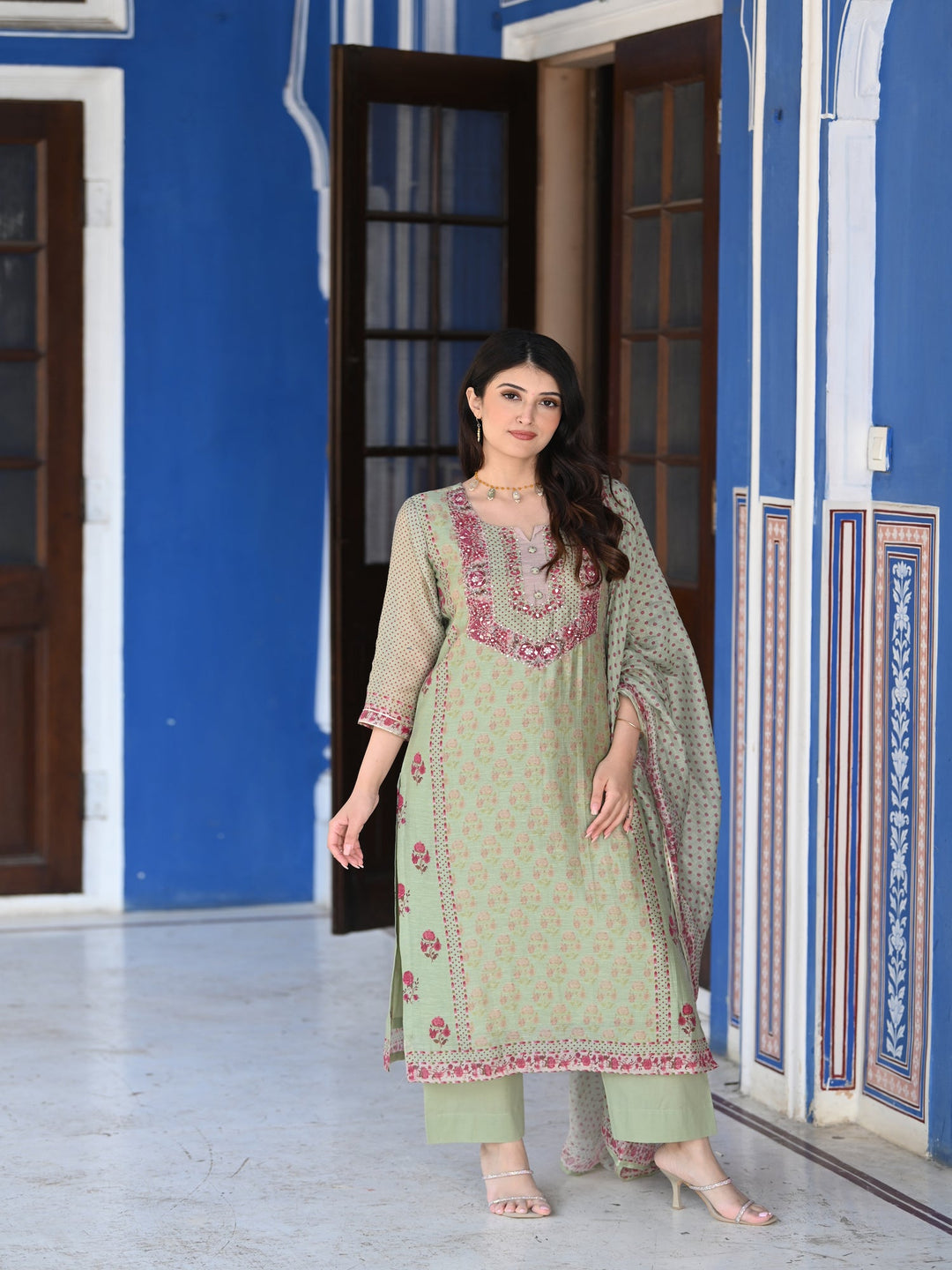 Green Ikhtiyar Block Print Chanderi Suit Set - SET OF-3 | SHOBITAM