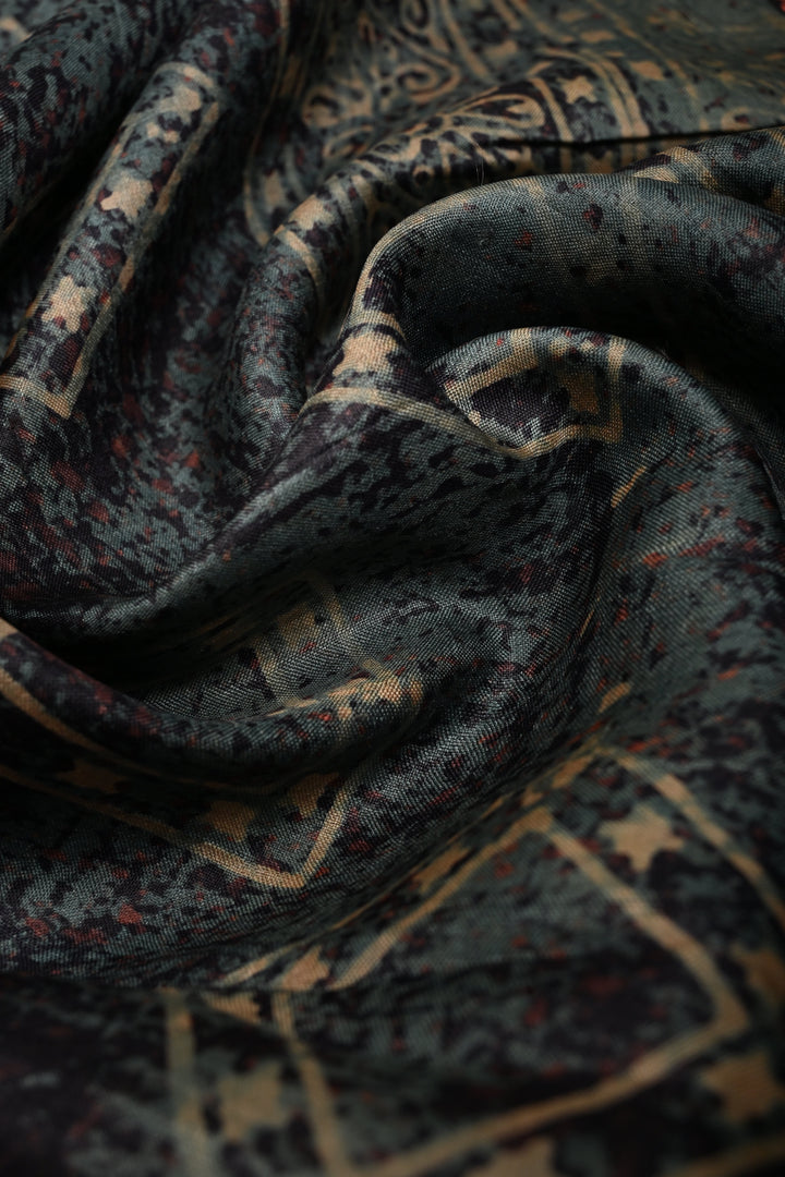 Dusty Blue Ajrakh Handblock Print on Pure Tussar Silk Saree with Pitta work Embroidery and Scallop Border | SILK MARK CERTIFIED | SHOBITAM