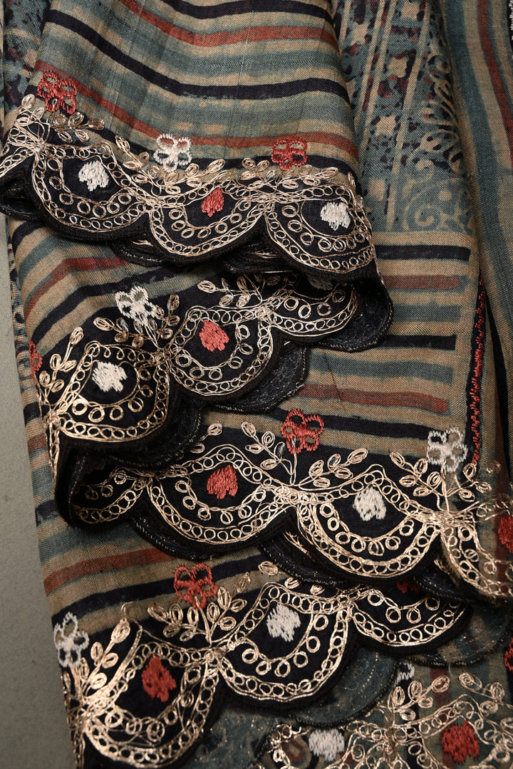 Dusty Blue Ajrakh Handblock Print on Pure Tussar Silk Saree with Pitta work Embroidery and Scallop Border | SILK MARK CERTIFIED | SHOBITAM