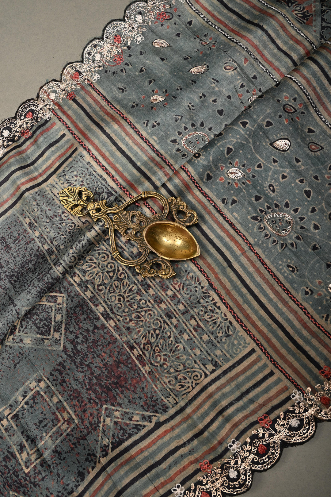Dusty Blue Ajrakh Handblock Print on Pure Tussar Silk Saree with Pitta work Embroidery and Scallop Border | SILK MARK CERTIFIED | SHOBITAM