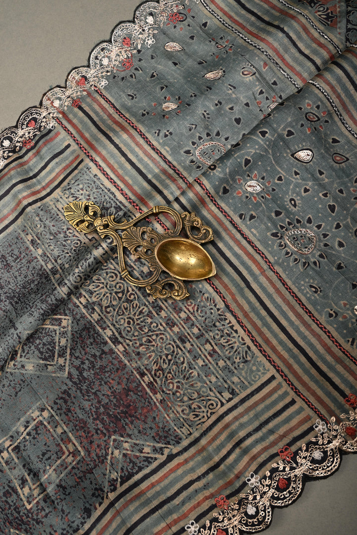 Dusty Blue Ajrakh Handblock Print on Pure Tussar Silk Saree with Pitta work Embroidery and Scallop Border | SILK MARK CERTIFIED | SHOBITAM