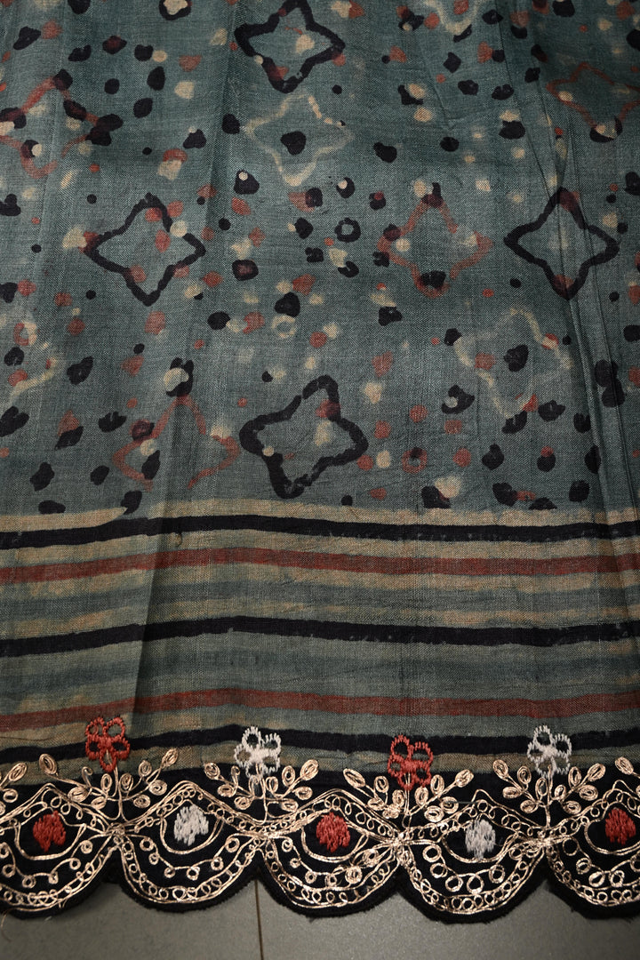 Dusty Blue Ajrakh Handblock Print on Pure Tussar Silk Saree with Pitta work Embroidery and Scallop Border | SILK MARK CERTIFIED | SHOBITAM