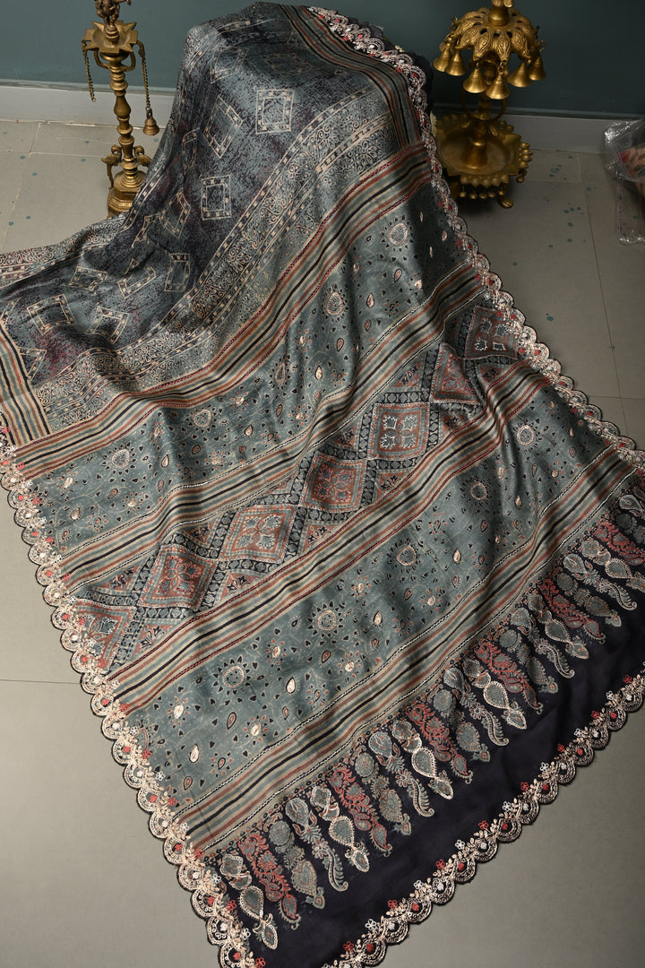Dusty Blue Ajrakh Handblock Print on Pure Tussar Silk Saree with Pitta work Embroidery and Scallop Border | SILK MARK CERTIFIED | SHOBITAM
