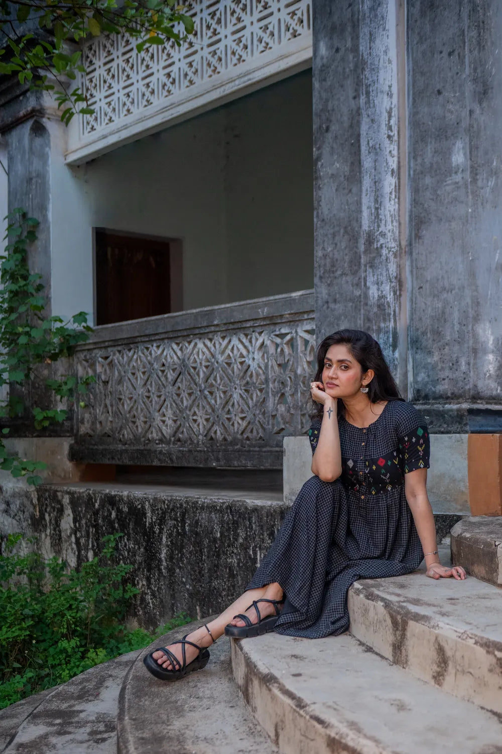 Checkmate Handwoven Pure Cotton Jamdani Dress | SHOBITAM
