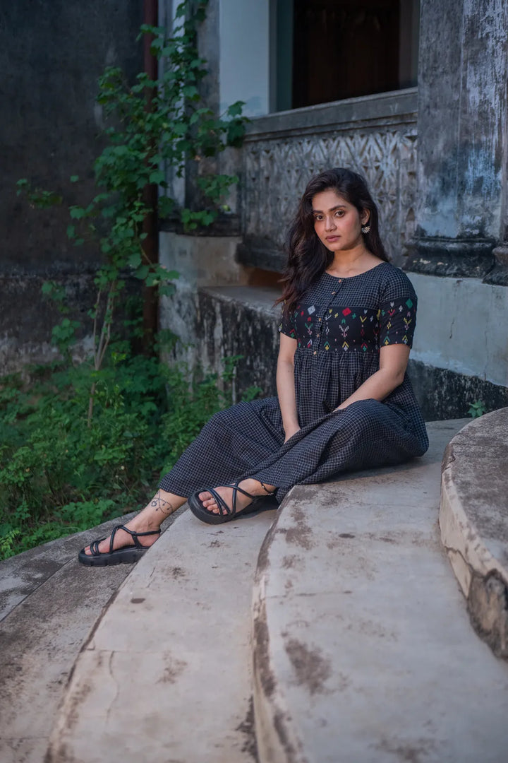 Checkmate Handwoven Pure Cotton Jamdani Dress | SHOBITAM