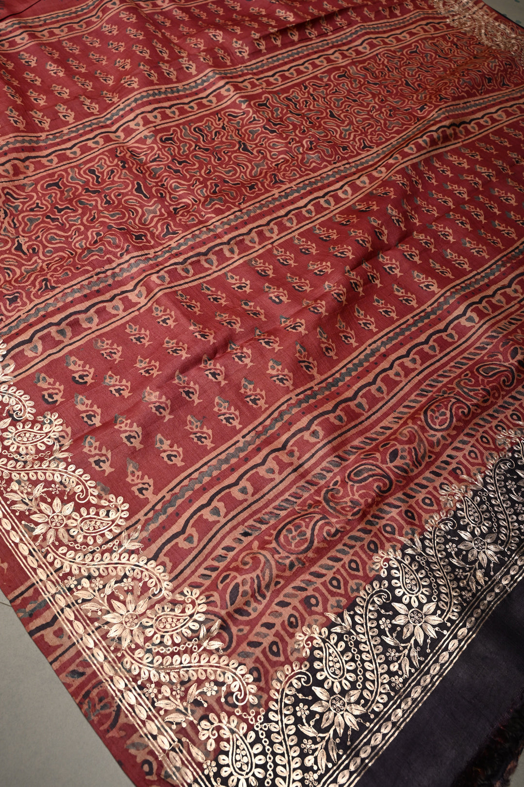 Red Pure Tussar Silk Saree with Ajrakh Handblock Print and Pitta work Embroidery Border | SILK MARK CERTIFIED | SHOBITAM
