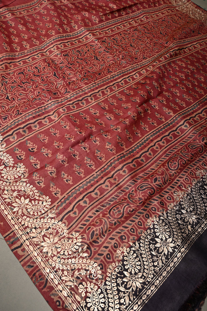 Red Pure Tussar Silk Saree with Ajrakh Handblock Print and Pitta work Embroidery Border | SILK MARK CERTIFIED | SHOBITAM