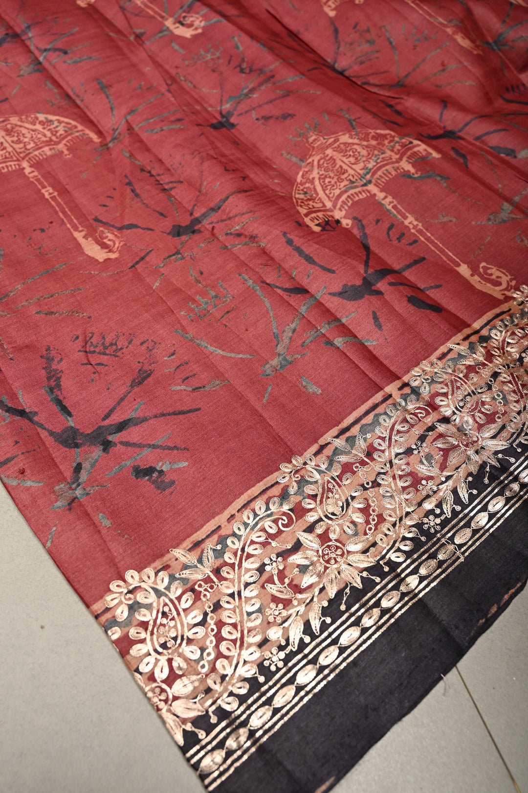 Red Pure Tussar Silk Saree with Ajrakh Handblock Print and Pitta work Embroidery Border | SILK MARK CERTIFIED | SHOBITAM