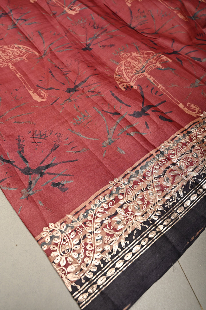 Red Pure Tussar Silk Saree with Ajrakh Handblock Print and Pitta work Embroidery Border | SILK MARK CERTIFIED | SHOBITAM