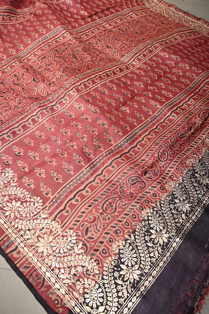 Red Pure Tussar Silk Saree with Ajrakh Handblock Print and Pitta work Embroidery Border | SILK MARK CERTIFIED | SHOBITAM